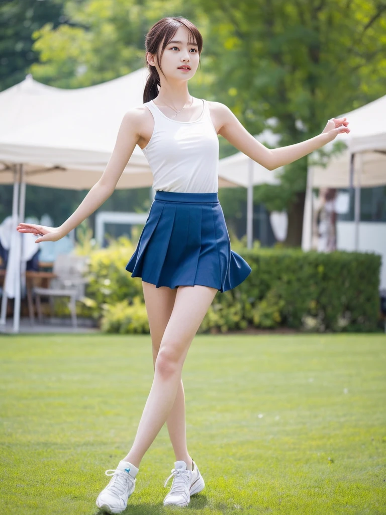 A pretty girl with perfect figure,(Lori,14years,150cm), (Lori,white one-piece swimsuit with ruffles,), Very small breasts,Straight short hair,bangss,standing in an outdoor wrestling ring,extremely detailed face and skin, Detailed eyes,knee high socks,wristbands,Grinning smile, Slim body, Slender girl, Slim thighs,small  hip,Pose with hands on hips