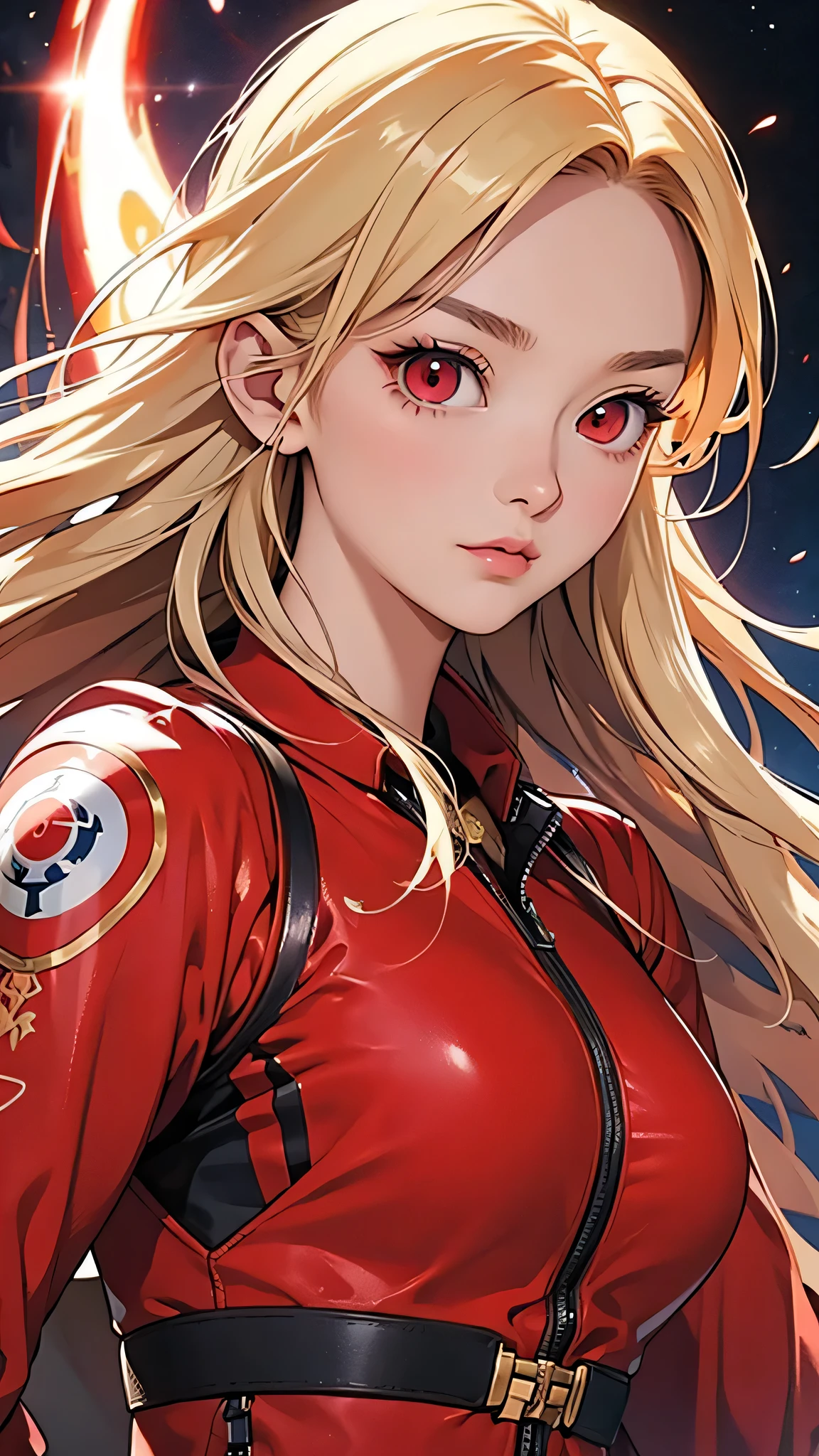 highest quality、Realistic、female、Japanese、zoom、cute、Red glowing eyes、Blonde Hair、long hair、Hero Suit、Shiny bodysuit、universe