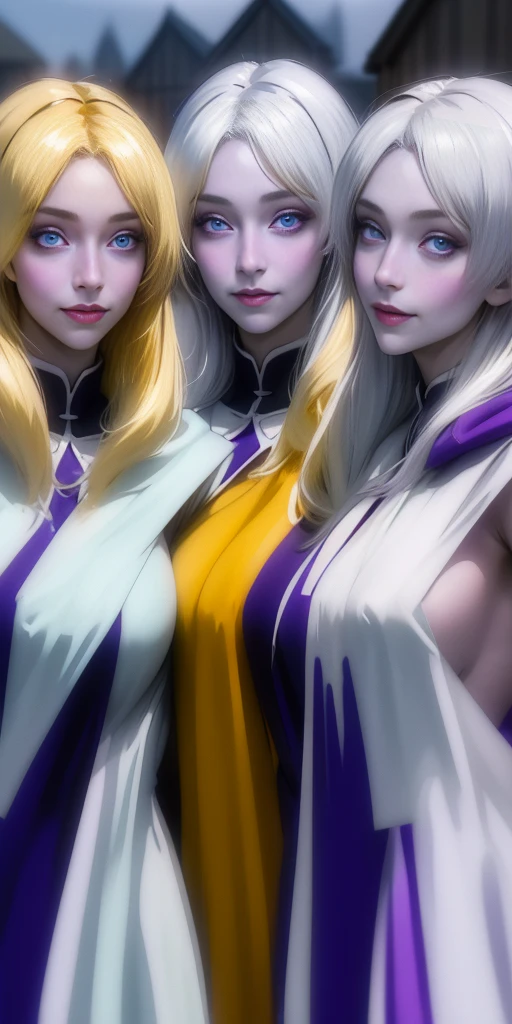 (Triplets) (chest covered) (smile) Gray skin, pale golden hair and violet eyes. They prefer clothing of white and silver with cloaks of deep blue or purple, village background, ((very precise detailed)) ((high res)