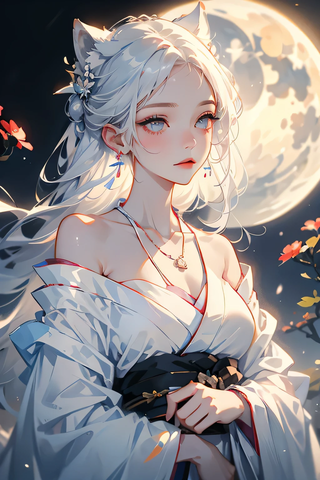 (masterpiece, highest quality:1.2), 1 girl, alone, ((Off the shoulderのkimono、necklace)), ((night)), ((White Hair))lanthanum, Candlelight, Deep in Wonderland,The moonlight pours down like water,fog,The heroine's figure is vaguely visible,Big Breasts,Cute face,Slightly upturned corners of the mouth,Like a fairy,Clothes Fluttering,Her hair is casually tied back,A few strands of hair are swaying gently in the wind,((Off the shoulder、kimono、kimono:1.2))、Beautiful cleavage、(Fox Ears,Fox's Tail、Fox)(huli,Fox ear):1.5、Bra shoulder straps