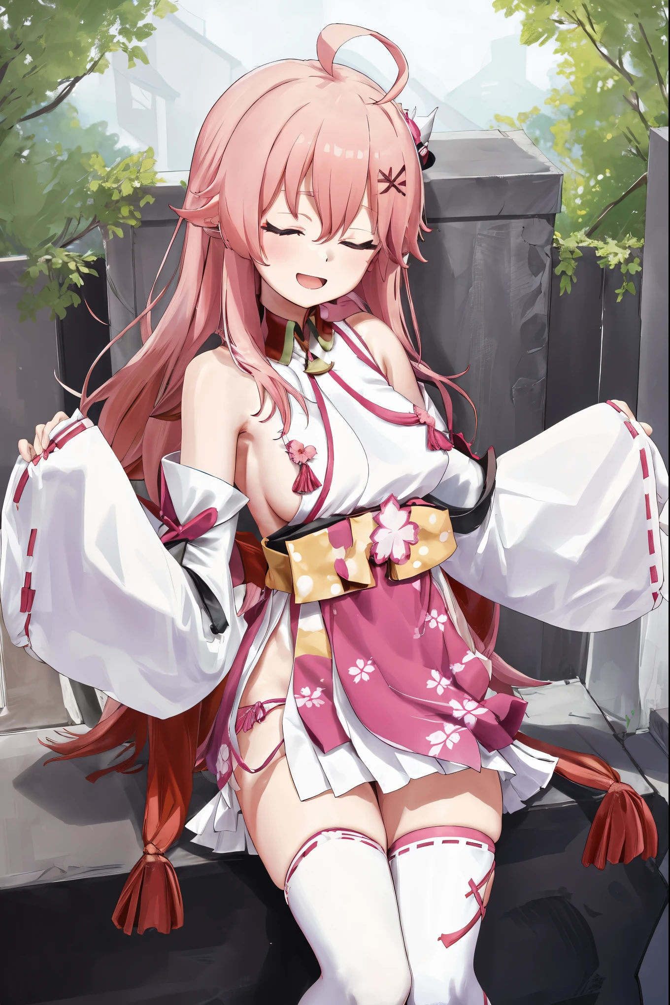masterpiece, best quality, highres, miko1, sakura_miko, 1girl, big_boobs, solo, ahoge, x_hair_ornament, pink_hair, floral print, hairclip,(side_less_clothes:1.5), (side_boobs:1.5), hair_bell, floral print, long_hair, hair between eyes, one side up, white thighhighs, asymmetrical legwear, wide sleeves, open_mouth,(happy:1.3),close_eyes,big_smile,plump,apart_legs,(overly_long_sleeves:1.3),sleeves_past_wrists,hands_hidden_sleeves,sidelock_clothes,solo,hidden_wrists,(XD:1.5),covered_nipples,sunlight,(bare_flank:1.3)