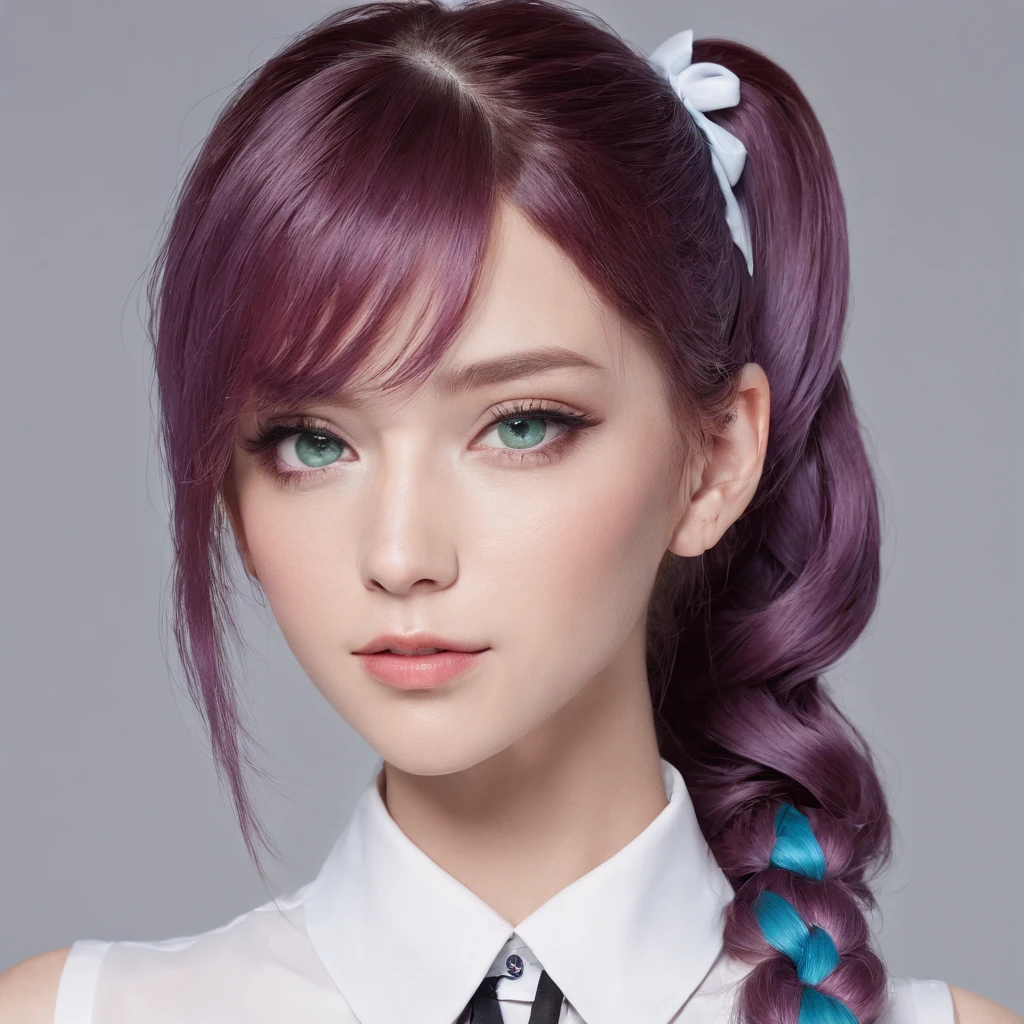 1 girl, One, (portrait), (from the outside), (ponytail), bang, double braids, multicolored hair, several braids, (purple hair), collared shirt, ((White shirt)), without sleeves, black pencil skirt, sea green eyes, bow, blue bow tie, tape, hairclip, bracelet, Jewelry, bare shoulders, skinny, shiny skin, oily skin, cute face, Beautiful face, masterpiece, Best quality, Gray background,