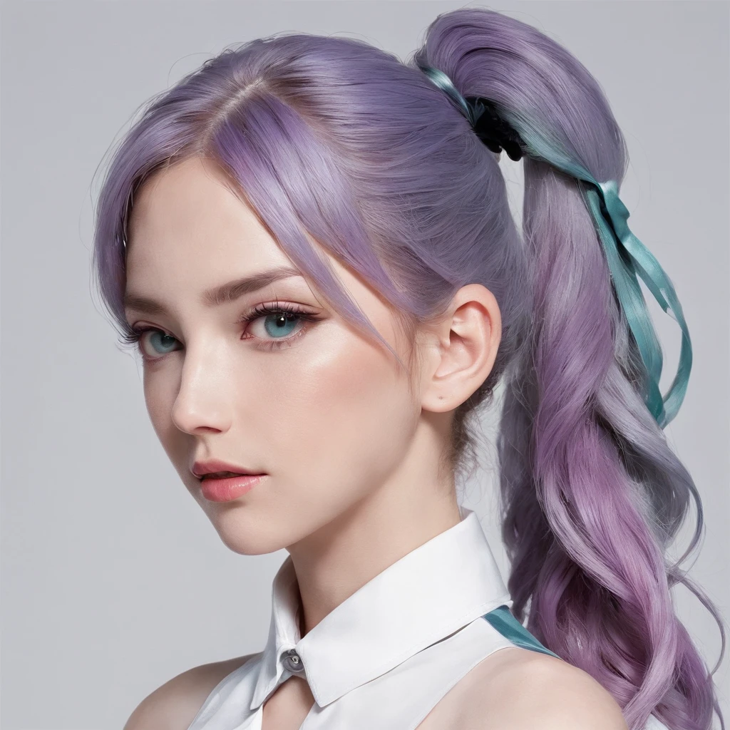 1 girl, One, (portrait), (from the outside), (ponytail), bang, double braids, multicolored hair, several braids, (purple hair), collared shirt, ((White shirt)), without sleeves, black pencil skirt, sea green eyes, bow, blue bow tie, tape, hairclip, bracelet, Jewelry, bare shoulders, skinny, shiny skin, oily skin, cute face, Beautiful face, masterpiece, Best quality, Gray background,
