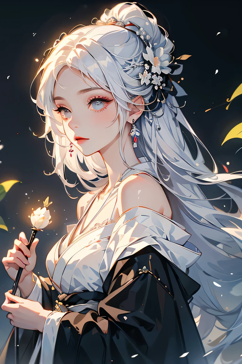 (masterpiece, highest quality:1.2), 1 girl, alone, ((Off the shoulderのkimono、necklace)), ((night)), ((White Hair))lanthanum, Candlelight, Deep in Wonderland,The moonlight pours down like water,fog,The heroine's figure is vaguely visible,Big Breasts,Cute face,Slightly upturned corners of the mouth,Like a fairy,Clothes Fluttering,Her hair is casually tied back,A few strands of hair are swaying gently in the wind,((Off the shoulder、kimono、kimono:1.2))、Beautiful cleavage、(Fox Ears,Fox's Tail、Fox)(huli,Fox ear):1.5、Bra shoulder straps