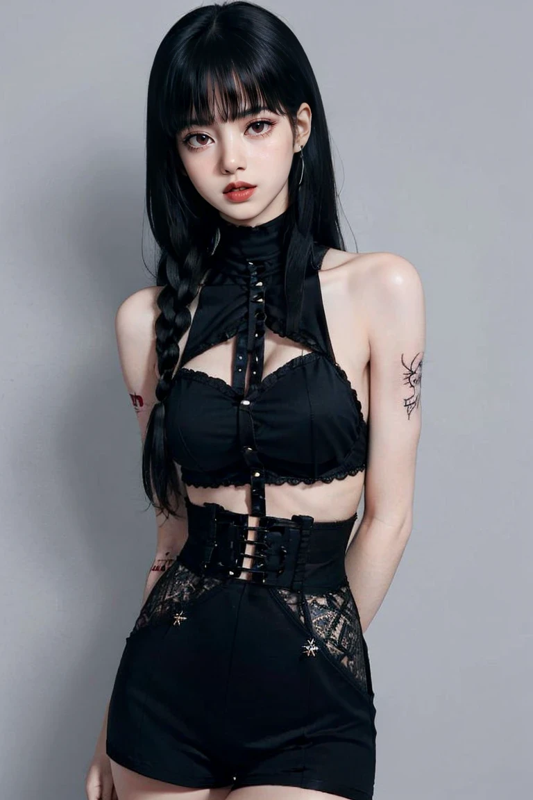 Beautiful Gothic Lolita Girl, Silky black hair in braids, blue eyes, Thin lips, Round face, Small and flat chest, 18 year old lolita, Relax in gothic style clothing，(((He has many tattoos all over his body)), (((Tight waist))), ((Big Breasts)),((See-through))，panties，