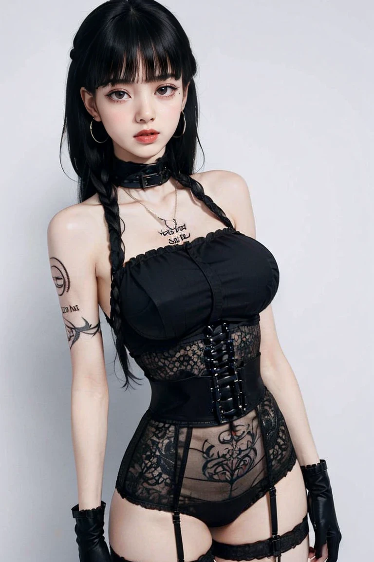 Beautiful Gothic Girl, Silky black hair in braids, blue eyes, Thin lips, Round face, Small and flat chest, 18 year old lolitax in gothic style clothing,(((He has many tattoos all over his body)), (((Tight waist))), ((Big Breasts)ough)),panties,