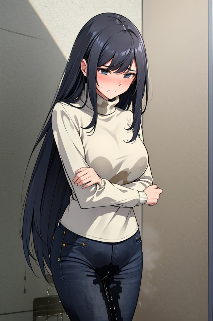 A woman with very long black hair, (very long hair:1.25) and (long bangs:1.5), wearing a stylish wool turtleneck sweater with jeans, long sleeves, (low-rise jeans:1.25), (low-cut jeans:1.25), standing. The artwork is inspired by manga and incorporates a doujin style. The woman appears to be (wetting herself:1.5), which causes her to feel embarrassed and humiliated, resulting in a blush on her face. In addition, there is an air of anger in her expression. The lighting in the scene is moody, with a spotlight highlighting the woman's figure, Her arms are crossed (crossing arms:1.5), showcasing a very large pee stain that covers almost the entire front of her jeans., large breasts, skinny