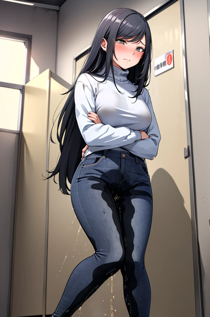 A woman with very long black hair, (very long hair:1.25) and (long bangs:1.5), wearing a stylish wool turtleneck sweater with jeans, long sleeves, (low-rise jeans:1.25), (low-cut jeans:1.25), standing. The artwork is inspired by manga and incorporates a doujin style. The woman appears to be (wetting herself:1.5), which causes her to feel embarrassed and humiliated, resulting in a blush on her face. In addition, there is an air of anger in her expression. The lighting in the scene is moody, with a spotlight highlighting the woman's figure, Her arms are crossed (crossing arms:1.5), showcasing a very large pee stain that covers almost the entire front of her jeans., large breasts, skinny