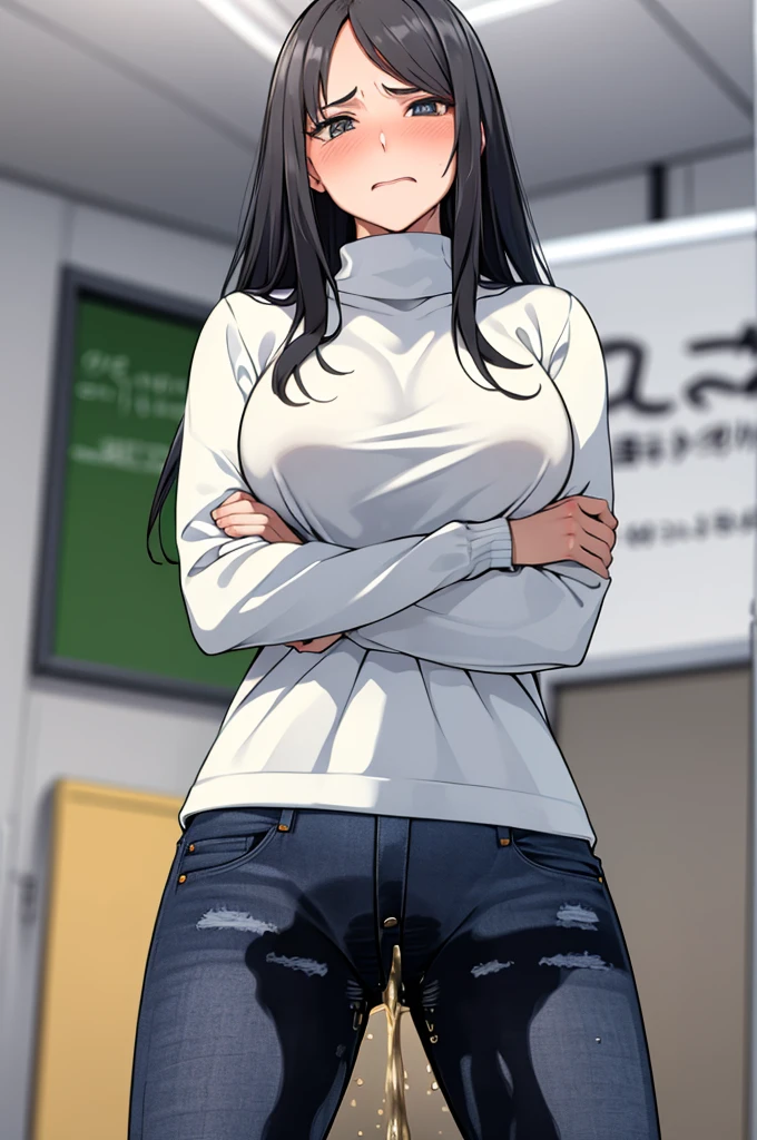 A woman with very long black hair, (very long hair:1.25) and (long bangs:1.5), wearing a stylish wool turtleneck sweater with jeans, long sleeves, (low-rise jeans:1.25), (low-cut jeans:1.25), standing. The artwork is inspired by manga and incorporates a doujin style. The woman appears to be (wetting herself:1.5), which causes her to feel embarrassed and humiliated, resulting in a blush on her face. In addition, there is an air of anger in her expression. The lighting in the scene is moody, with a spotlight highlighting the woman's figure, Her arms are crossed (crossing arms:1.5), showcasing a very large pee stain that covers almost the entire front of her jeans., large breasts, skinny