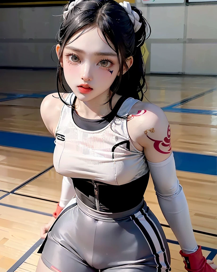 20-year-old, ((highest quality)), ((masterpiece)), (High resolution:1.3), 3D, Beautiful volleyball player super cute high school girl、Uniforms, but they stick to the skin(((Silhouette but so tight that everything is exposed)))However、The fabric is thin and flexible, but not restrictive.、He fell on the court at Space Gymnasium during a match..(((Spread your legedium length white-gray wavy hair braided.、The face is small and symmetrical、Volleyball is a popular sport、 (((He has many tattoos all over his body)), (((Tight waist))), ((Big Breasts)),panties