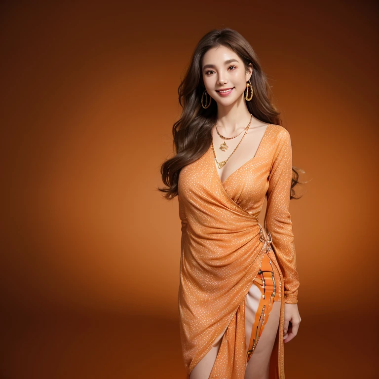 Beautiful woman,, light brown hair, beautiful and delicate eyes, delicate hair, Round face model body type、mini skirt、huge breasts, droopy eyes,shy smile,((abstract printed dresses_long sleeve_wrap dress:1.3))、((Super long brown hair:1.2))((Hair with loose waves inside:1.2)),((shy smile:1.3)),((gold necklace_Large earrings:1.2)),fullbody shot、((full figure supermodel standing, entire body in frame))、((standig gracefully, empty dark orange color background:1.3))