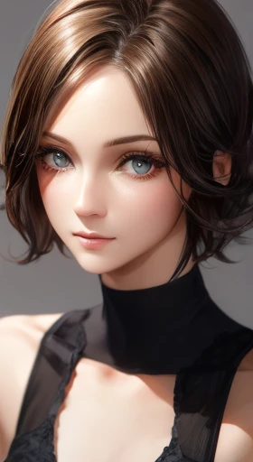 cinematic lighting、perfect、soft light、High resolution skin:1.2、realistic skin texture、30 years old mature woman、small face、no makeup、Bust B Cup、、beautiful small brown eyes、short hair、dark brown hair、Cool beauty、gray background