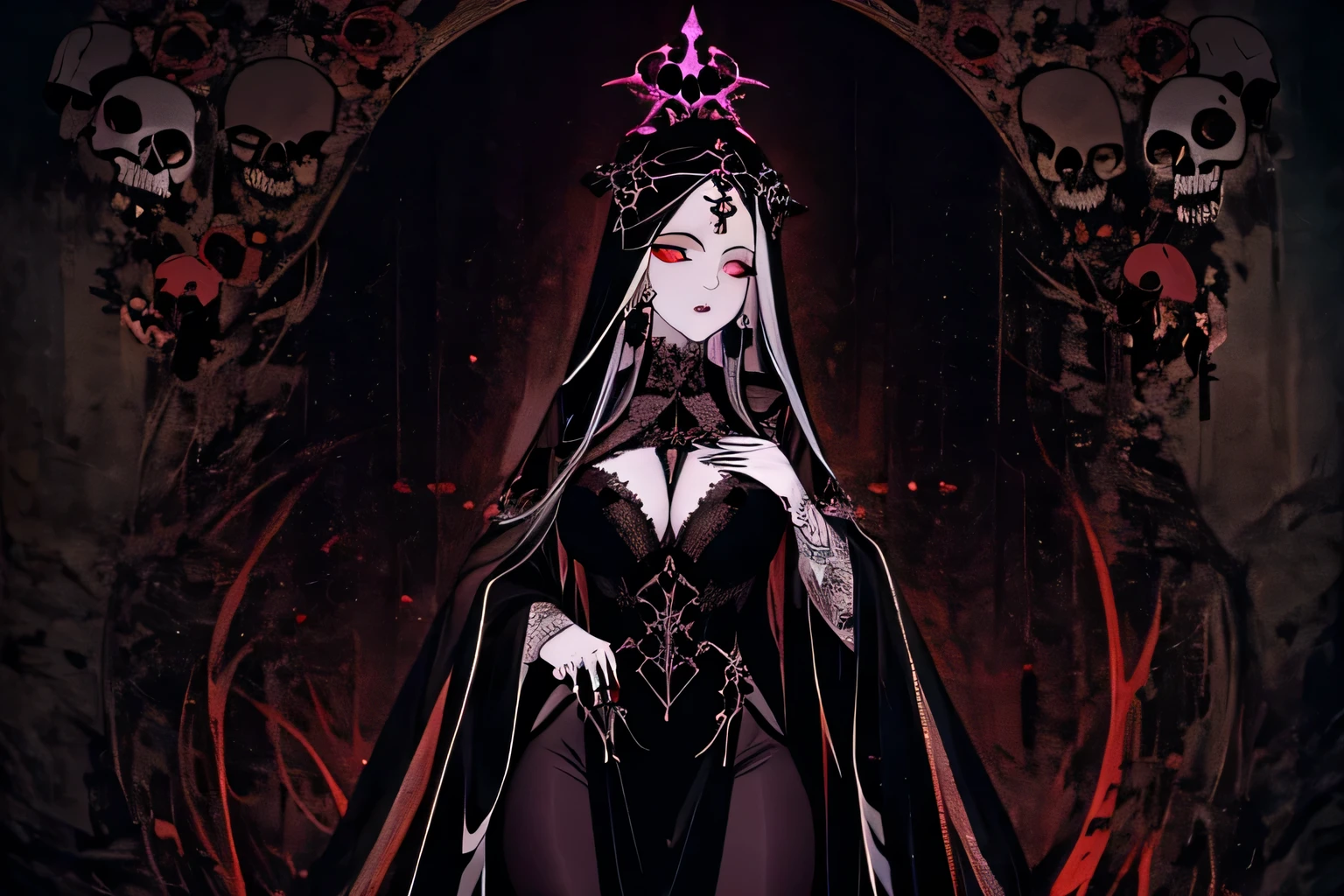 a woman in a black dress holding a skull and a skull, goddess of death, beautiful necromancer, beautiful necromancer girl, queen of death, portrait of a female necromancer, scary queen of death, dark fantasy style art, dark witch character, skulls at her hips, guweiz, artwork in the style of guweiz