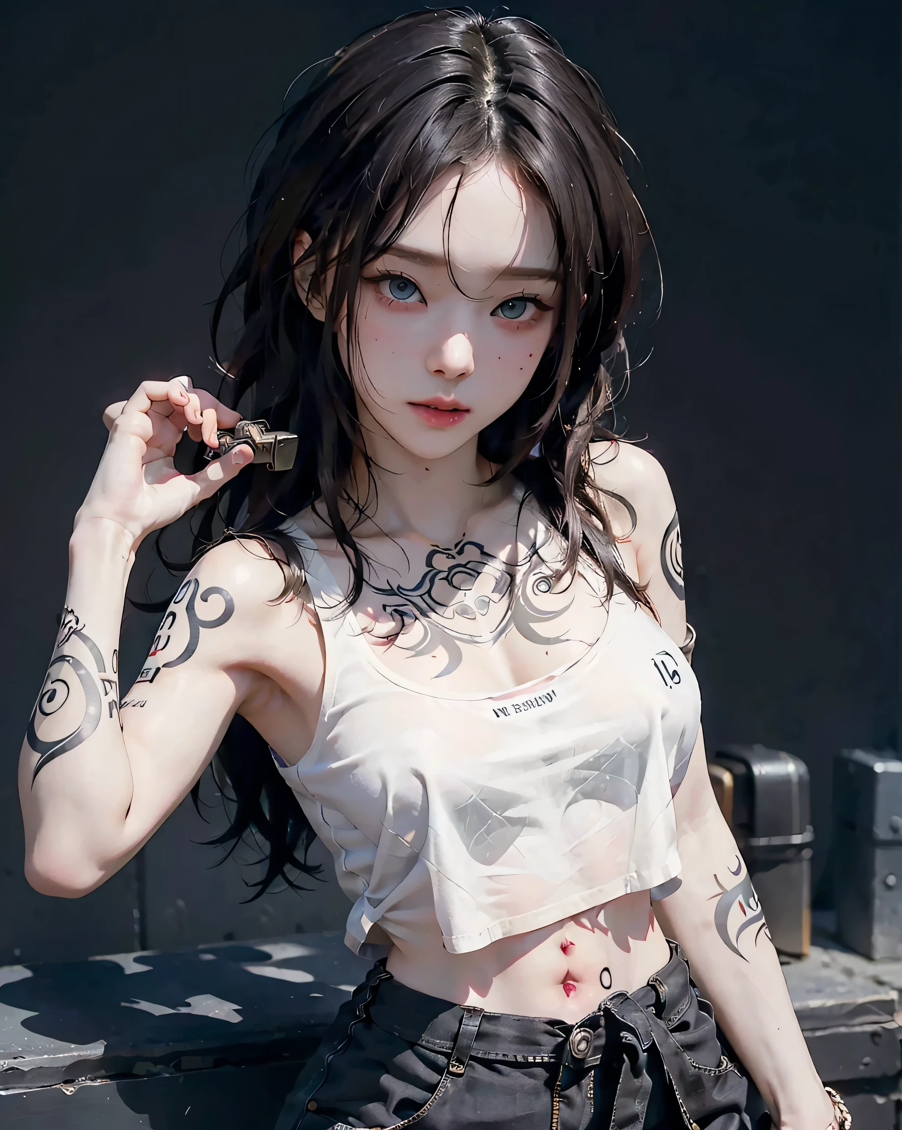 highest quality, Master, High resolution,girl, Super beautiful face, Very beautiful eyes, Very beautiful hair,Magazine Cover,Trendy clothing,Revealing clothing,Human whole body,Buckshot,(((He has many tattoos all over his body)), (((Tight waist))), ((Big Breasts)),(See-through),panties