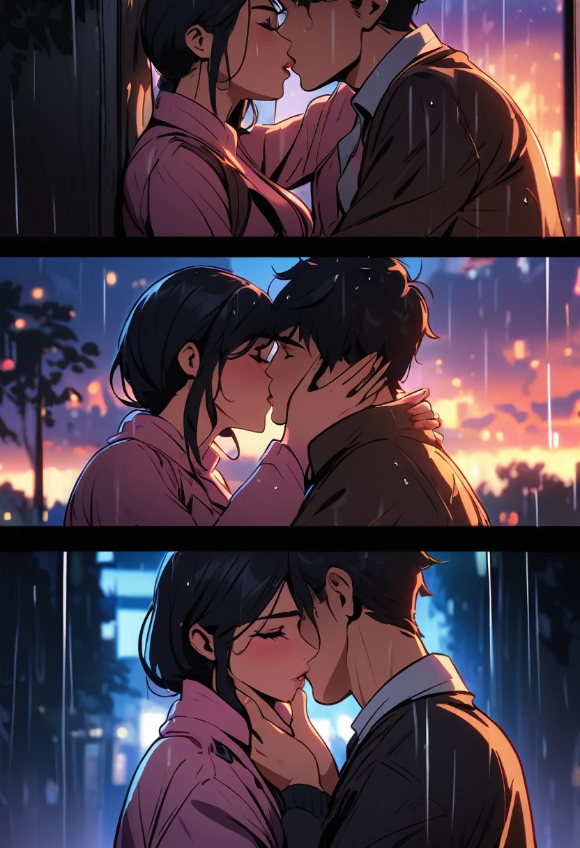 dark - comic style: couple kissing in the rain