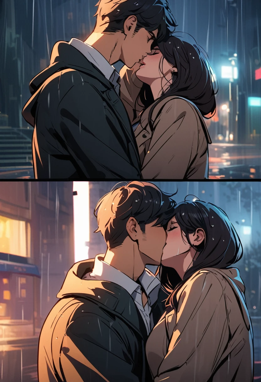 dark - comic style: couple kissing in the rain