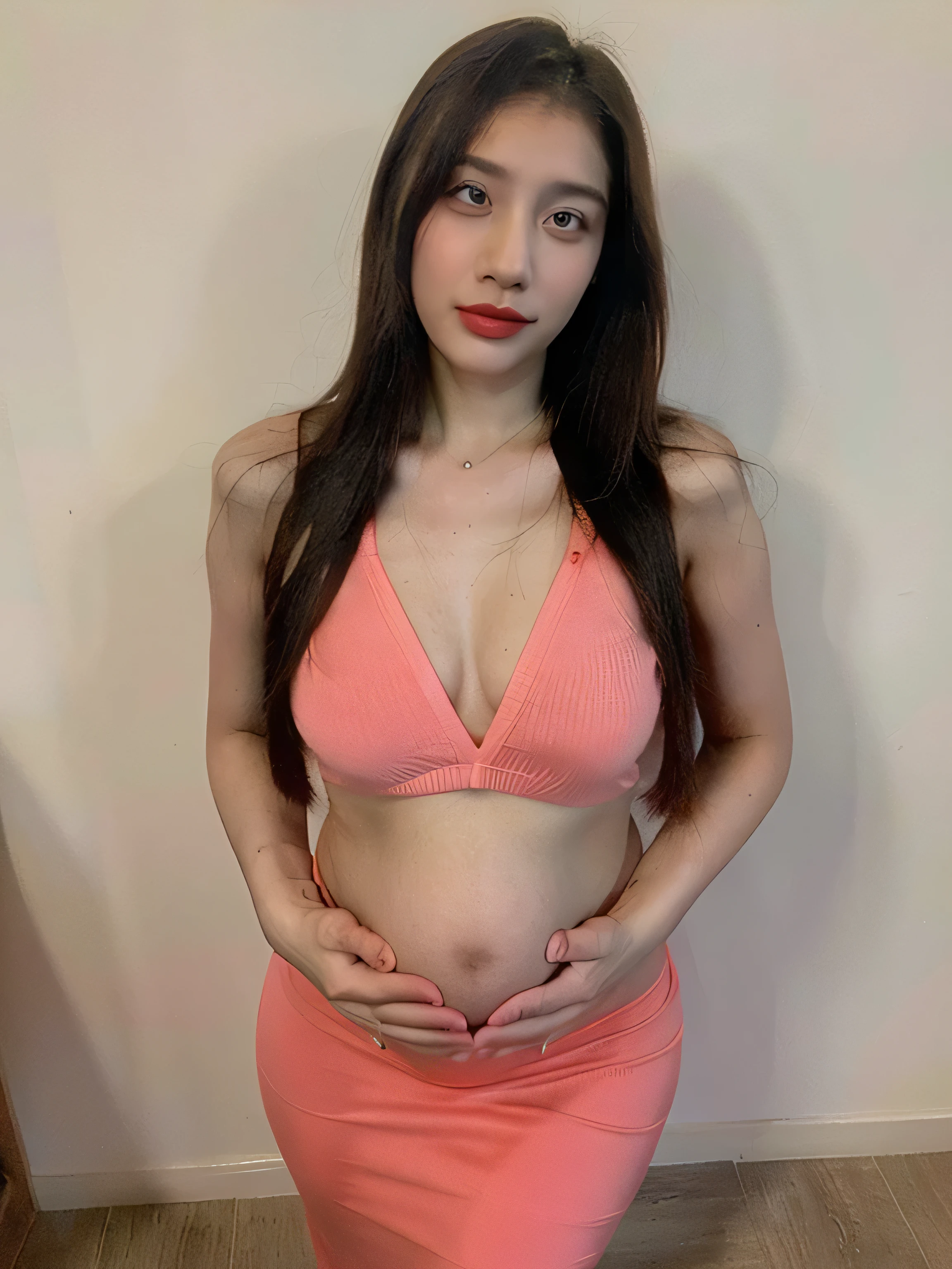Garota muito fofa, beautiful asian girl, Pele branca, jovem, (17 I), Cabelo curto, Red lips, standing, (vestido sexy de escrava), corpo todo, perna perfeita, corpo perfeito, perfect hand, rosto perfeito, quick makeup, rosto detalhado realista, standing full body, pregnant,