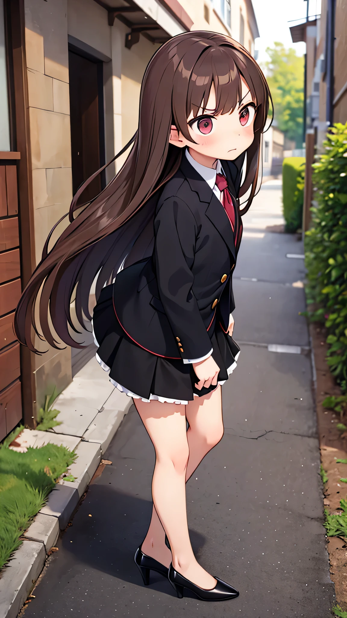 masterpiece、highest quality),Brown Hair,Hime cut,Long Hair,Bangs,girl,Back Alley,In a suit,OL,Woman with an angry face,Blushing,Slender women, A woman wearing plain black pumps,Bare feet and pumps,Open collar,Stand with your legs together,hold the skirt with both hands,From an angle