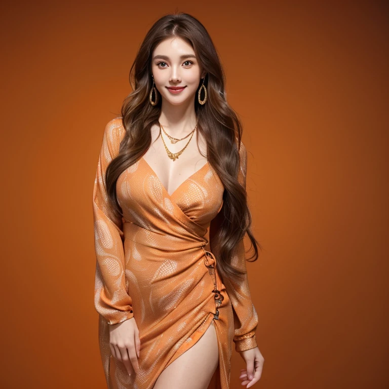 Beautiful woman,, light brown hair, beautiful and delicate eyes, delicate hair, Round face model body type、mini skirt、huge breasts, droopy eyes,shy smile,((abstract printed dresses_long sleeve_wrap dress:1.3))、((Super long brown hair:1.2))((Hair with loose waves inside:1.2)),((shy smile:1.3)),((gold necklace_Large earrings:1.2)),fullbody shot、((full figure supermodel standing, entire body in frame))、((standig gracefully, empty dark orange color background:1.3))