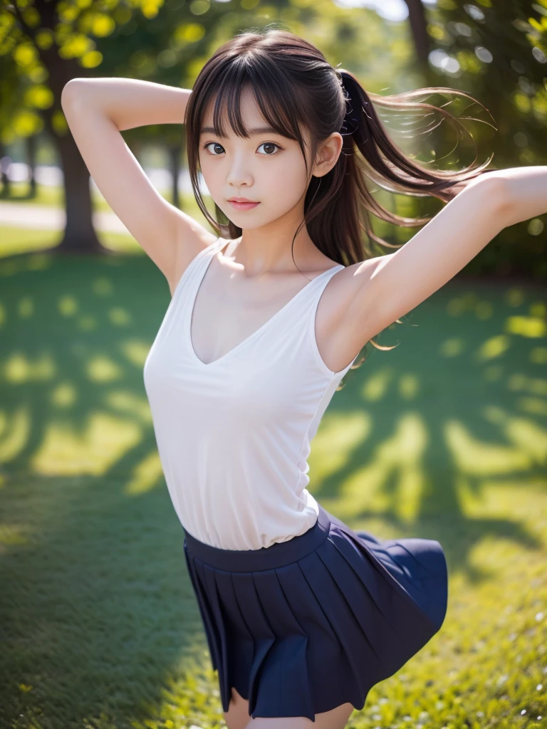 (masterpiece, highest quality:1.4), Award-winning portraits, 8k, 85mm, alone, Beautiful Face, Delicate girl, (Cheerleader、On the grass), Sophisticated, cute, , RAW Photos, Confused, High resolution, Sharp focus, Background Blur、(((flat 、thin and delicate body、Childish atmosphere)))、shiny semi-long hair、ponytail、Mole on the left cheek、 Dark blue eyes、the skirt is swaying in the wind、Hair swaying in the wind、sexy、flexible legs