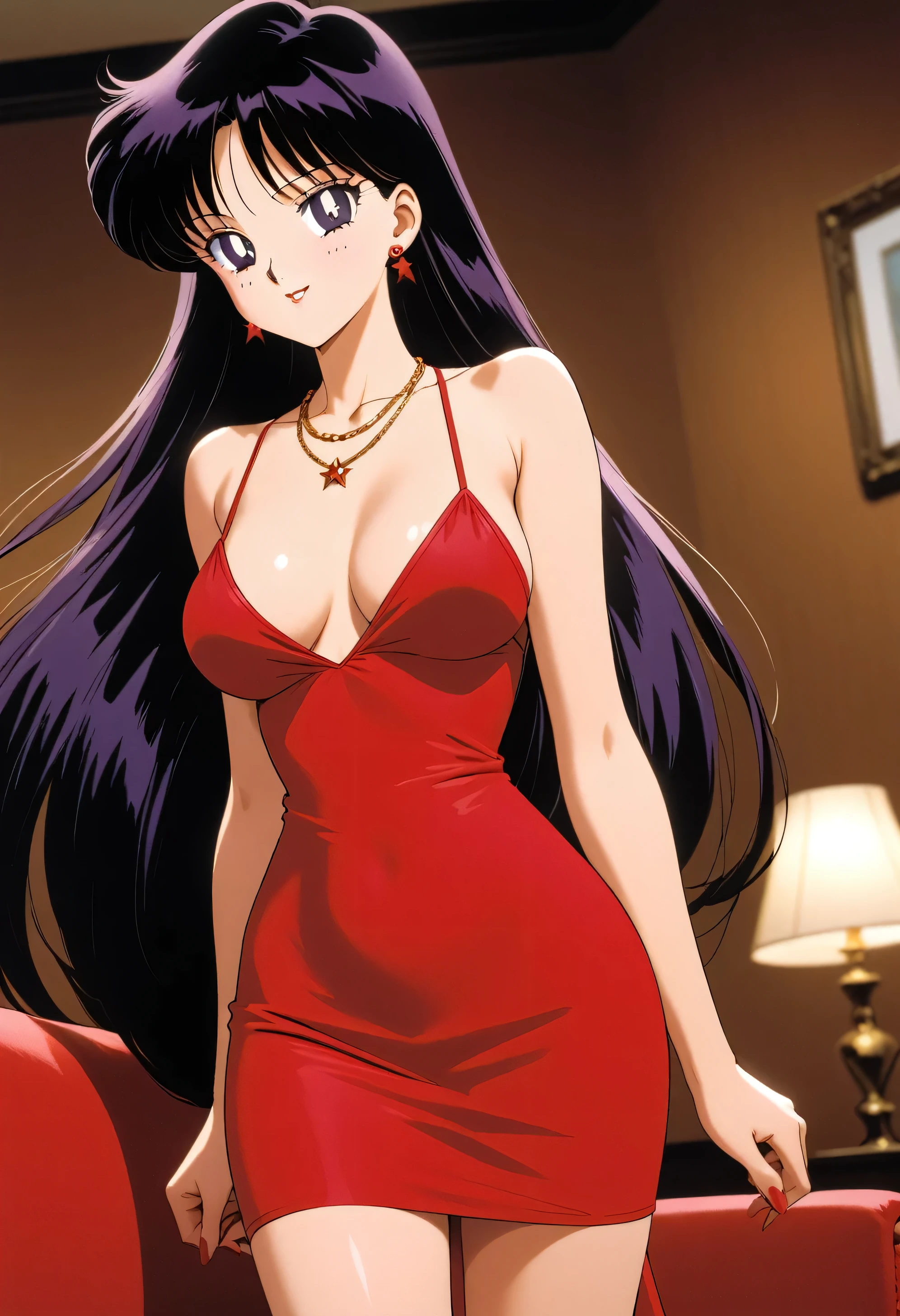 aamars, very long hair, black hair, parted bangs, purple eyes, 1990s \(style\), 1 girl, solo, Best quality, masterpiece, High Definition, taut dress, spaghetti strap, red dress, sleeveless, standing up, arms at sides, necklace, indoors, sofa, seductive smile