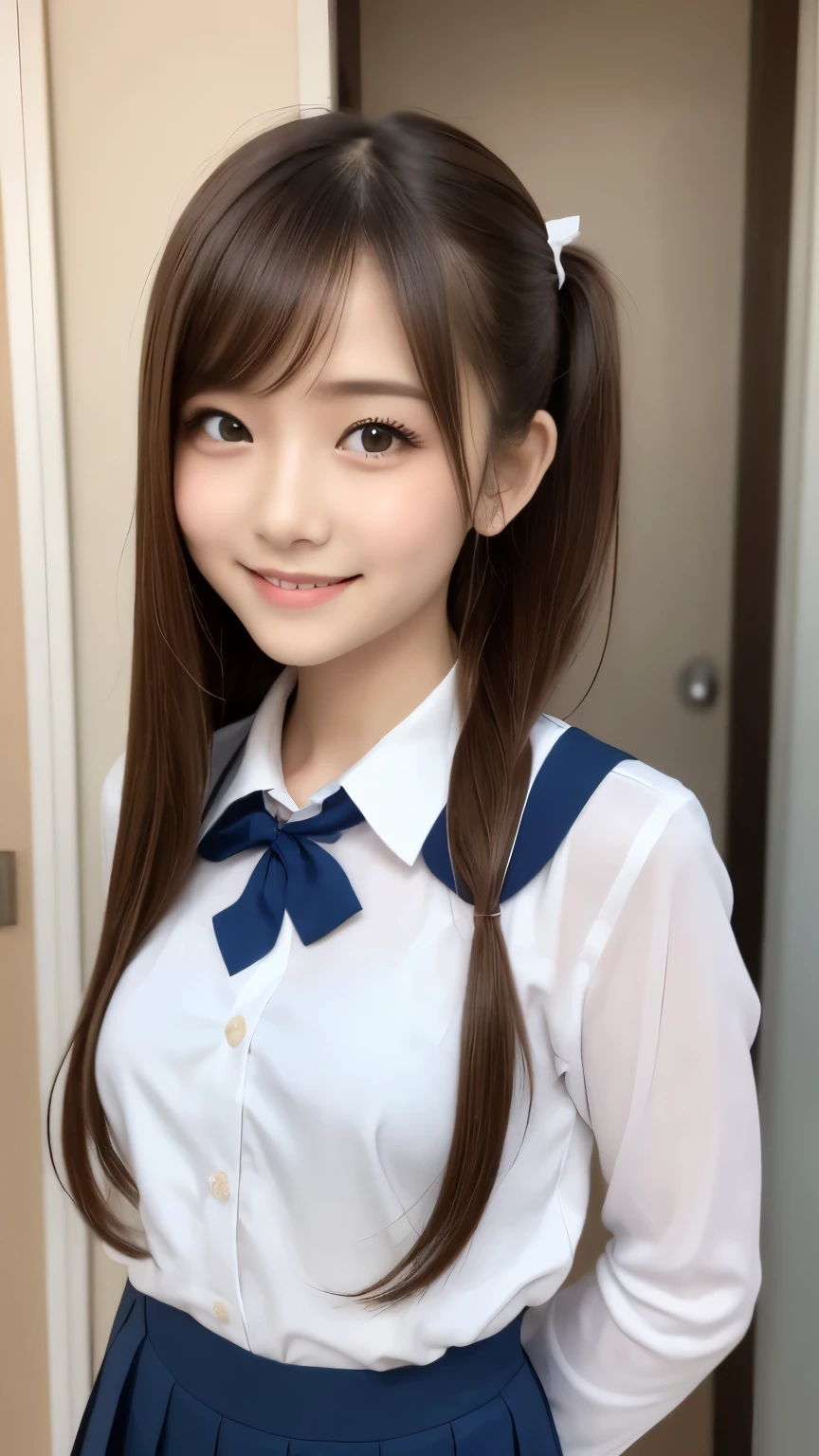 bright表情、Photorealistic:1.32、highest quality、超A high resolution、最も美しい日本のgirlの写真、Cute and beautiful face details、Small Face、美しいbangs、、Radiant, fair, glowing skin、Hair gets tangled in the face、(girl1Only people:1.3)、顔まで伸びるbangs、bangs、Hair between the eyes、Attractive brown silky hair、bright、Her clear eyes shine charmingly、Cute pose、highest quality、Disorganized、((The cutest girl in the world))、Japanese、((School uniform summer clothes:1.3))、(High waist pleated skirt)、Newest Brands、(Side ponytail hair:1.3)、(Tie with a thin ribbon)、Nice and cute、An innocent smile、nice smile、Cleavage、(Large Breasts:1.3)、(Posing cutely:1.3)、Brown Hair、Small waist、Detailed beautiful eyes、View your viewers、Upper Body、Close-up of face、Front view、