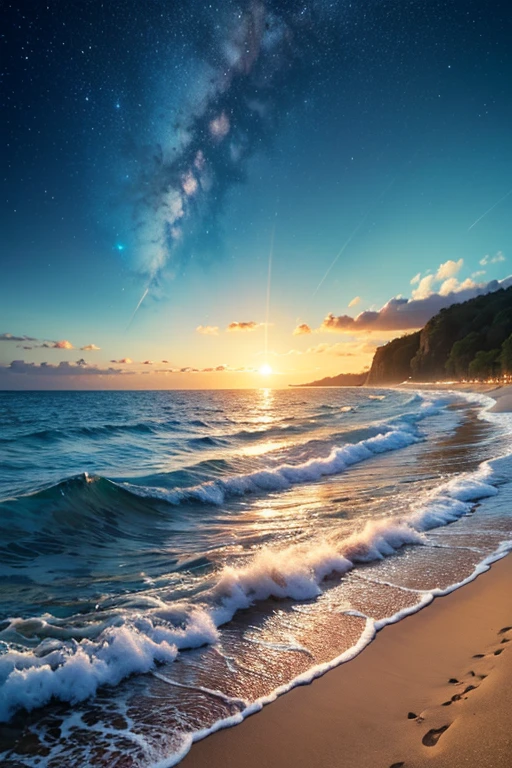 Hyper realistic 8k, ultra detailed, (Best Quality digital illustration Masterpiece of planet Earth in outer space), ((No Man)), (Beautiful planet Earth Illustration), (Beautiful Beach Shore), (Golden Sand), ((Waves in the distance)), (Bright Sun), (Hyperdetail, Dynamic Camera), (Wide Angle), (Celestial Lighting), (Vivid Colors and Saturation), (trending on artstation), ((beautiful sunrise)), (aqua colored water), seashells in the sand, starfish in the sand