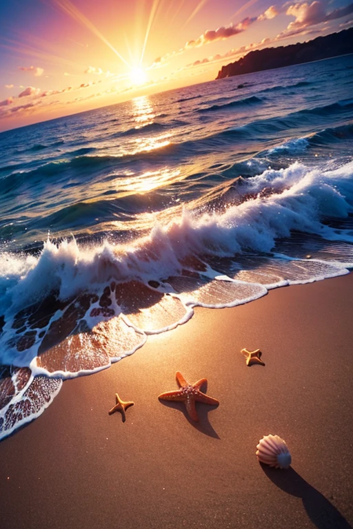 Hyper realistic 8k, ultra detailed, (Best Quality digital illustration Masterpiece of planet Earth in outer space), ((No Man)), (Beautiful planet Earth Illustration), (Beautiful Beach Shore), (Golden Sand), ((Waves in the distance)), (Bright Sun), (Hyperdetail, Dynamic Camera), (Wide Angle), (Celestial Lighting), (Vivid Colors and Saturation), (trending on artstation), ((beautiful sunrise)), (aqua colored water), seashells in the sand, starfish in the sand