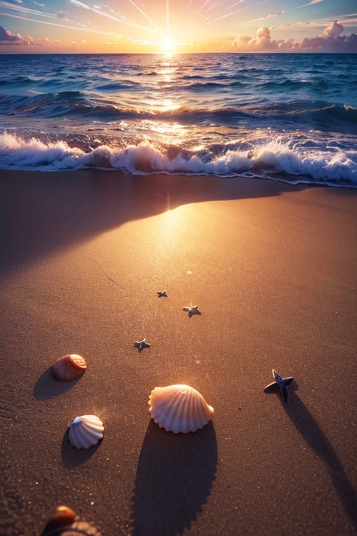 Hyper realistic 8k, ultra detailed, (Best Quality digital illustration Masterpiece of planet Earth in outer space), ((No Man)), (Beautiful planet Earth Illustration), (Beautiful Beach Shore), (Golden Sand), ((Waves in the distance)), (Bright Sun), (Hyperdetail, Dynamic Camera), (Wide Angle), (Celestial Lighting), (Vivid Colors and Saturation), (trending on artstation), ((beautiful sunrise)), (aqua colored water), seashells in the sand, starfish in the sand