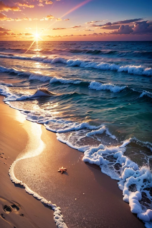 Hyper realistic 8k, ultra detailed, (Best Quality digital illustration Masterpiece of planet Earth in outer space), ((No Man)), (Beautiful planet Earth Illustration), (Beautiful Beach Shore), (Golden Sand), ((Waves in the distance)), (Bright Sun), (Hyperdetail, Dynamic Camera), (Wide Angle), (Celestial Lighting), (Vivid Colors and Saturation), (trending on artstation), ((beautiful sunrise)), (aqua colored water), seashells in the sand, starfish in the sand