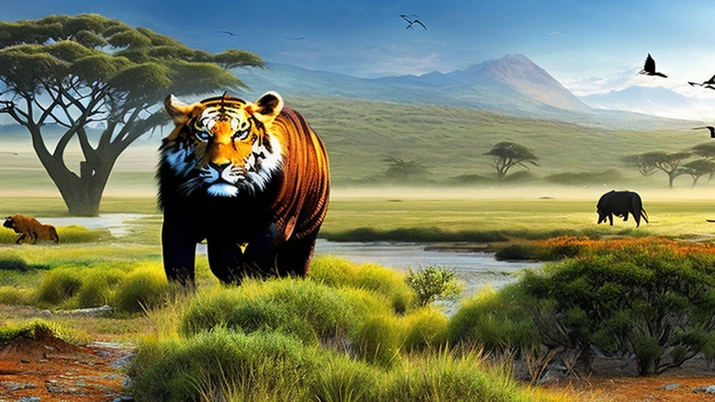 (best quality,4k,8k,highres,masterpiece:1.2),ultra-detailed,(realistic,photorealistic,photo-realistic:1.37),wildlife photography,African grassland,animal portraits,lifelike details,powerful animals,nature's raw beauty,vivid colors,dramatic lighting,lush vegetation,animal kingdom,untamed wilderness,ferocious predators,gentle herbivores,diverse ecosystem,conflicts for survival,harsh yet beautiful environment,endangered species,Mother Nature's masterpiece