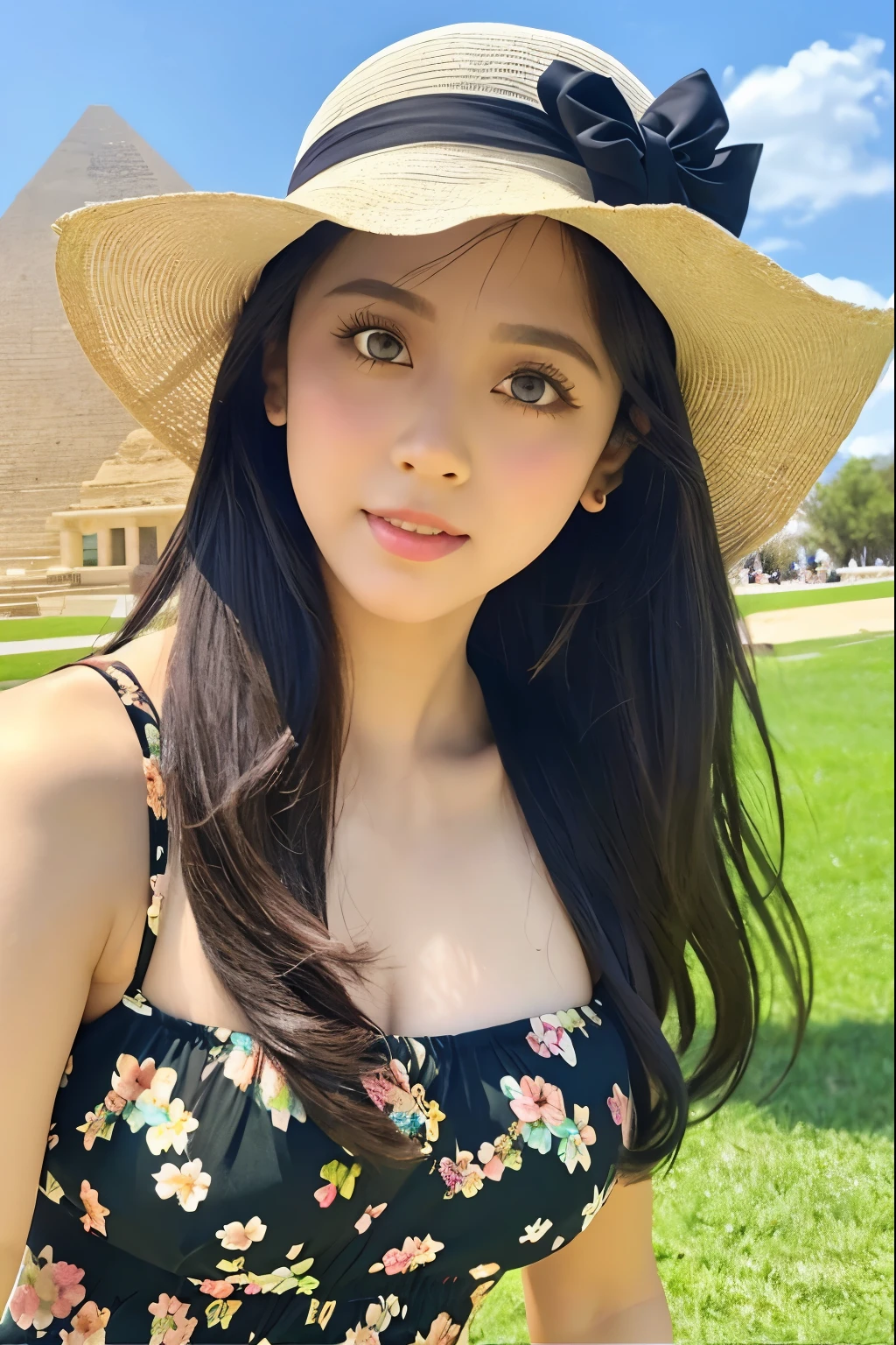 Accurate as a photo、Pyramid of Khufu and the Sphinx、Cute Southeast Asian girl、、Black Hair、Green Eyes、Floral dress on white background、Summer sky、White Hat、Big eyes、Bulbous Nose