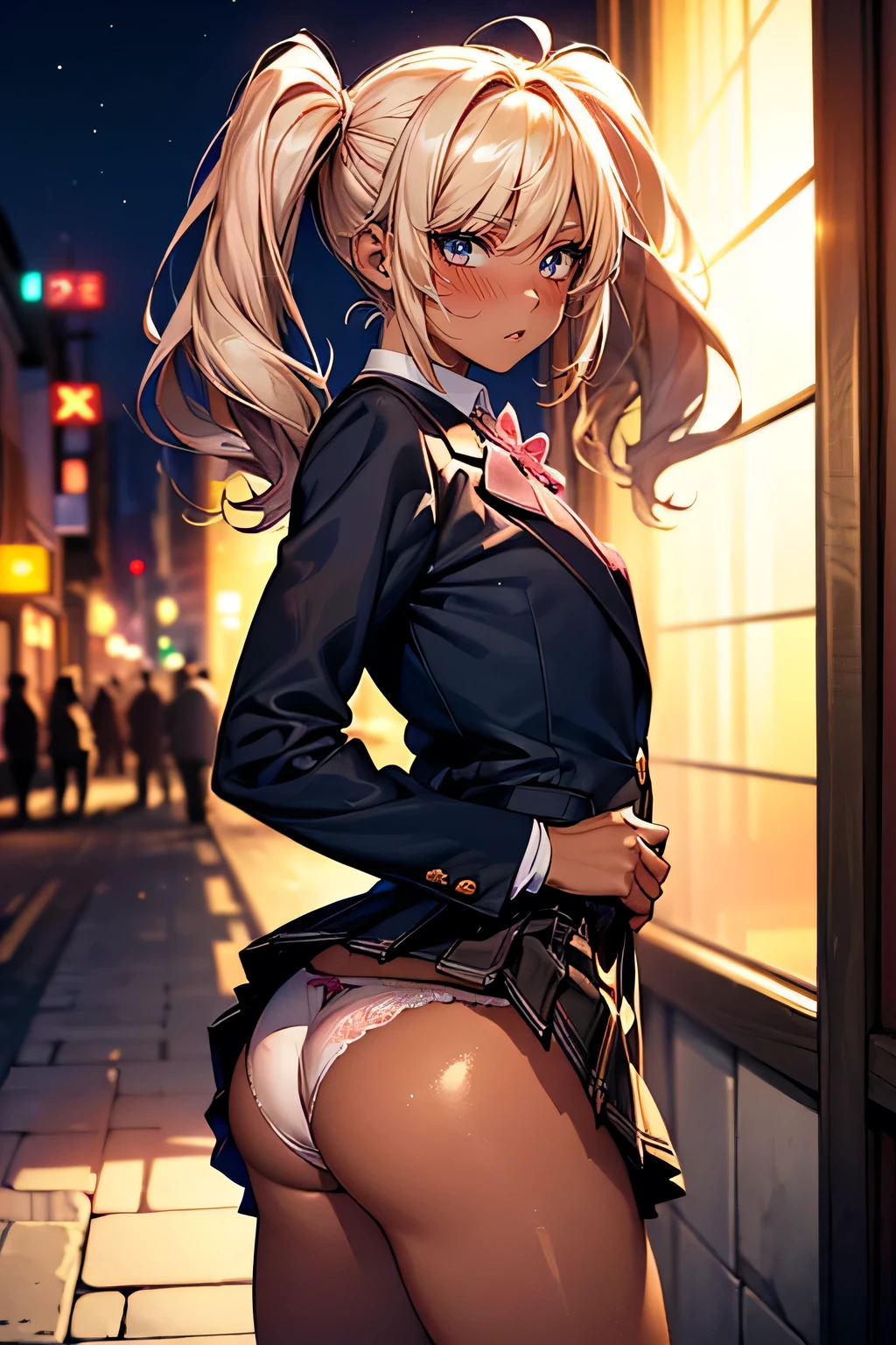 ((Perfect Anatomy:1.2,Realistic:1.3,RAW Photos:1.3,masterpiece、highest quality、Ultra - High resolution、High resolution、Highly detailed CG、8k)),Cowboy Shot. 1 female,alone,18-year-old、high school girl,beautiful girl,Japanese,((Beautiful face and eyes:1.2,Big beautiful eyes:1.3,)),blonde,Twin tails,(Center parted hair:1.4,amount),Small Head:1.3,thin,((Dark brown skin:1.4)),(Oily skin,Glowing Skin,Shiny skin),(school uniform、Dark blue blazer jacket、Checkered pleated mini skirt), Perfect Anatomy,Correct Anatomy,Perfect Face,Perfect Arms,,Perfect Fingers,Perfect waist,Perfect Thighs,View your viewers,((anger:1.45),((Embarrassing 1.1)),((The facial features are also depicted in detail.)),((blush:1.5)),((Lift the hem of a skirt)),((Show off your panties to your audience)),((75 degree angle from bottom)),((Show viewers white panties)),Are standing. The background is a dirty back alley,((night)),((dark)),Tokyo.