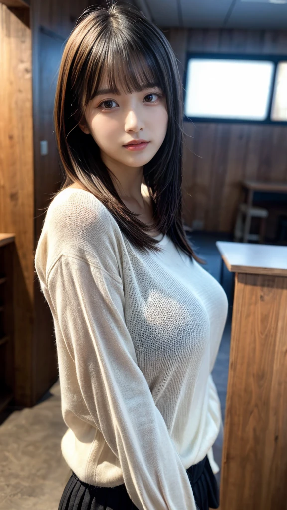 masterpiece, Best Quality, 8K, 20 yo, huge breasts, cuddly, Solo, sad, Cute, Girly, Delicate girl, Neat and clean beauty, Raw photo, Professional Photography, Portrait, Soft light, Professional Lighting, Back lighting, Upper body, front view, Sophisticated, Film grain, (Eyes and faces with detailed:1.0), short length floating hair, beautiful flowing hair, bangs, Thermal Lounge Shirt