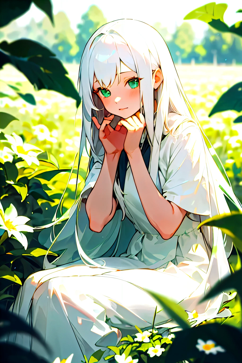 (masterpiece, best quality),1girl with long white hair sitting in a field of green plants and flowers, her hand under her chin, warm lighting, white dress, blurry foreground