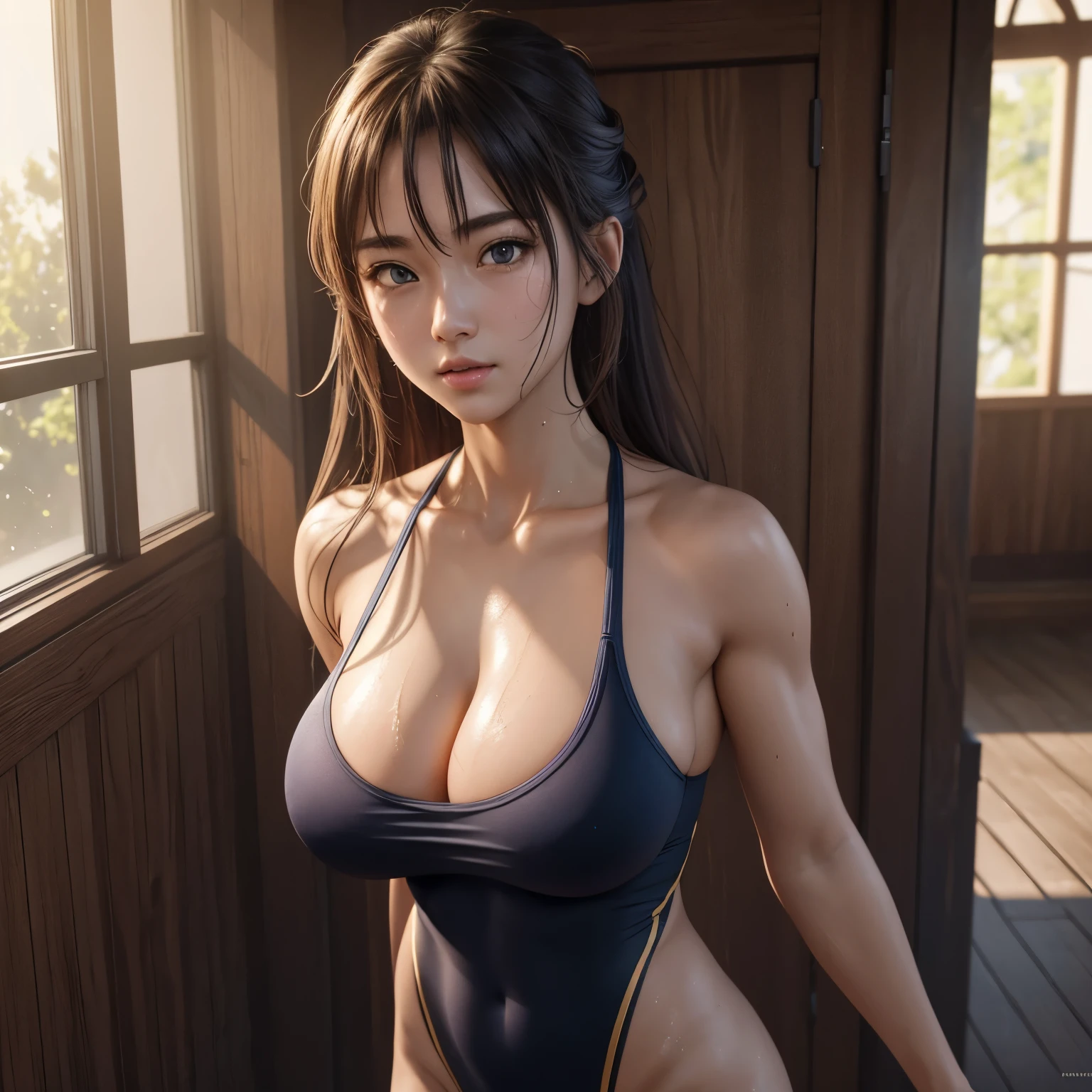 (Highly detailed CG Unity 8k wallpaper), The most beautiful works of art in the world, One girl, Upper Body, Sweaty Big Breasts School Swimsuit Muscular