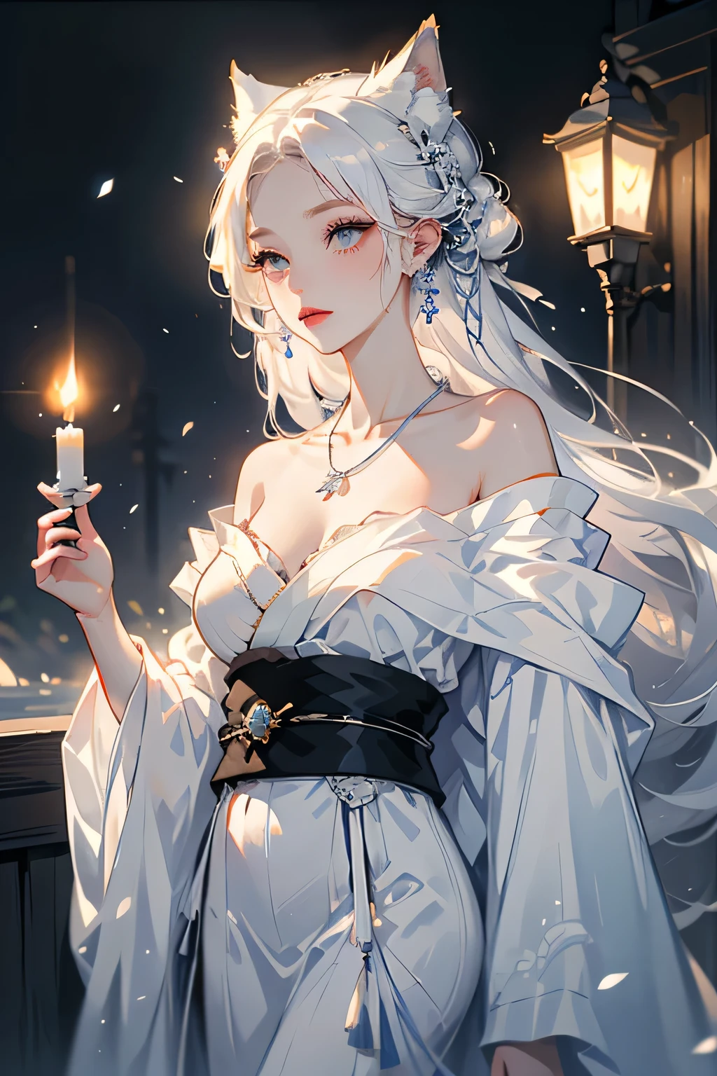 (masterpiece, highest quality:1.2), 1 girl, alone, ((Off-the-shoulder kimono、necklace)), ((night)), ((White Hair))lanthanum, Candlelight, Deep in Wonderland,The moonlight pours down like water,fog,The heroine's figure is vaguely visible,Big Breasts,Cute face,Slightly upturned corners of the mouth,Like a fairy,Clothes Fluttering,Her hair is casually tied back,A few strands of hair are swaying gently in the wind、Beautiful cleavage、(Fox Ears,Fox's Tail、Fox)(huli,Fox ear):1.5、Bra shoulder straps