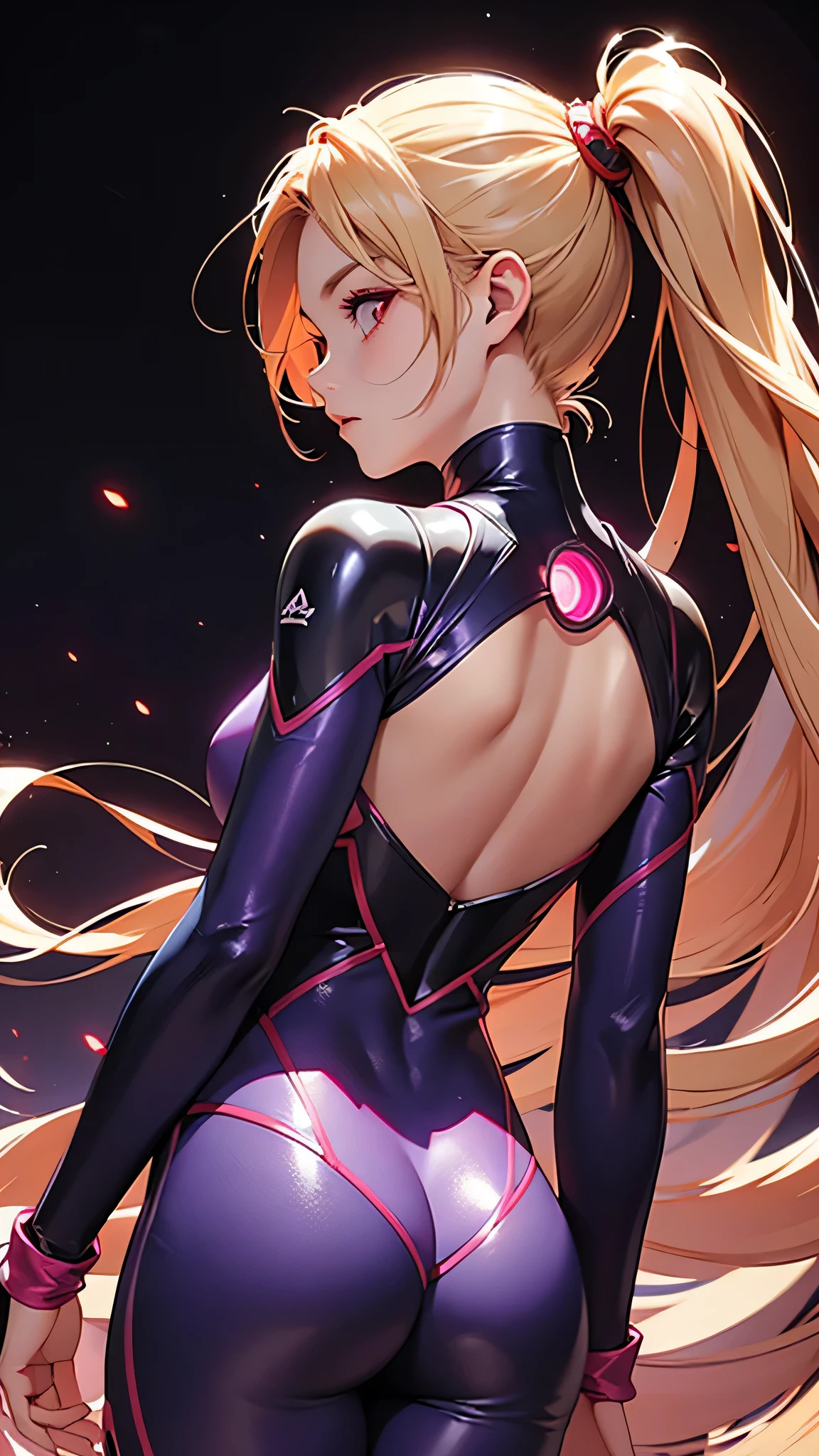 highest quality、Realistic、female、Japanese、zoom、cute、Red glowing eyes、Blonde Hair、Shorts Hair、Purple hero suit、Shiny bodysuit、Back view、universe