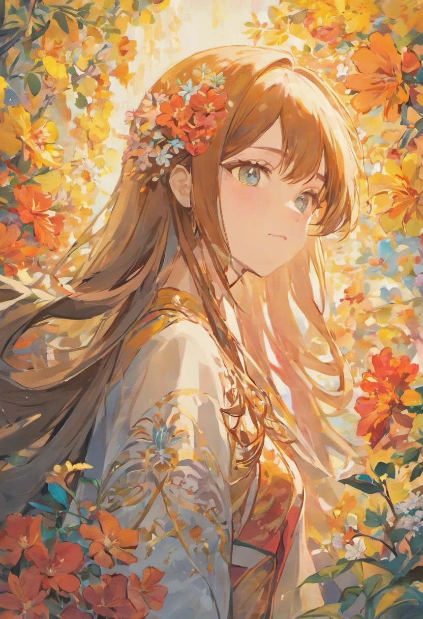 Art Nouveau girl in profile surrounded by flowers and long hair, As well as her Asian slanted eyes and long eyelashes..、smile、Facing forward