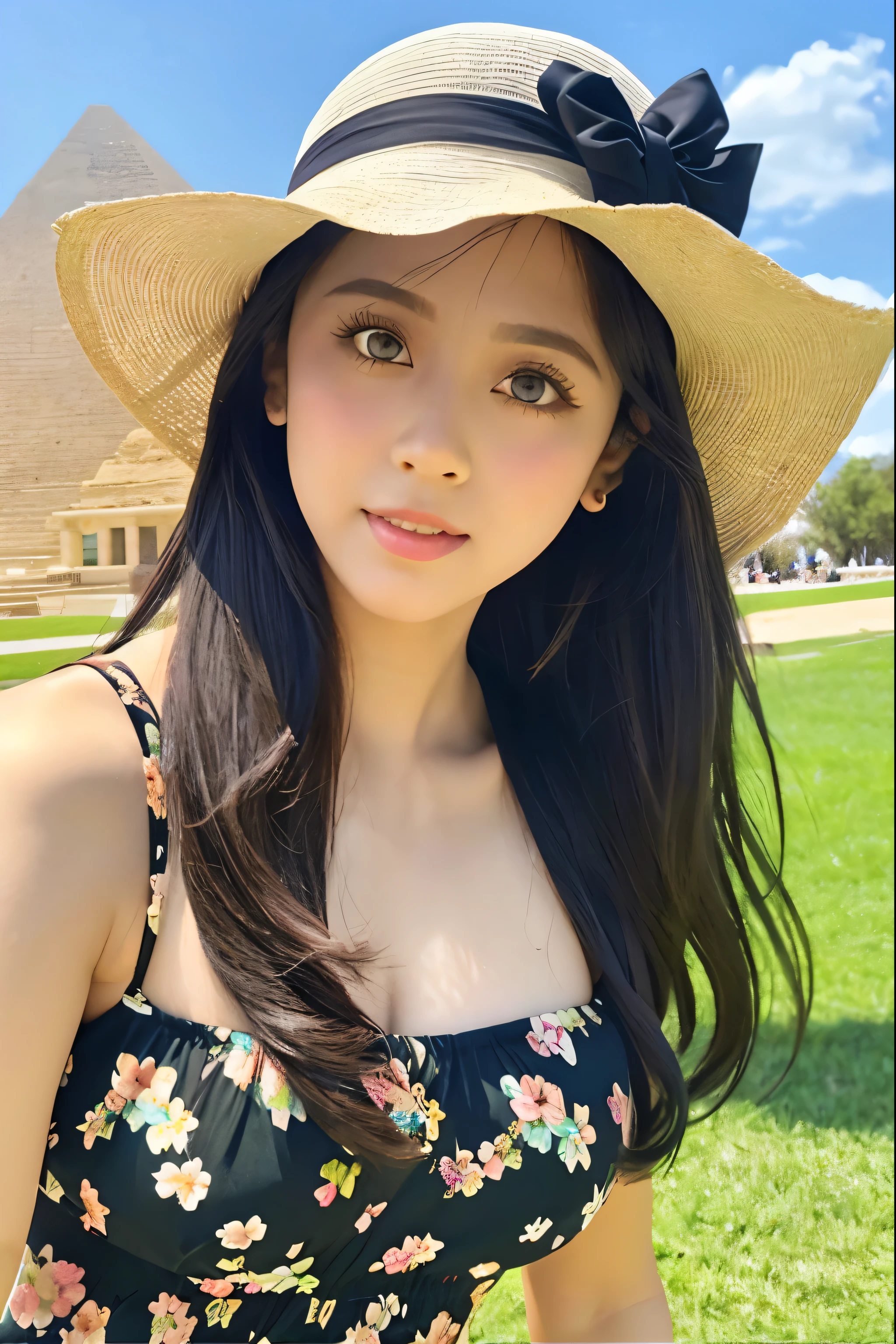 Accurate as a photo、Pyramid of Khufu and the Sphinx、Cute Southeast Asian girl、、Black Hair、Green Eyes、Floral dress on white background、Summer sky、White Hat、Big eyes、Bulbous Nose