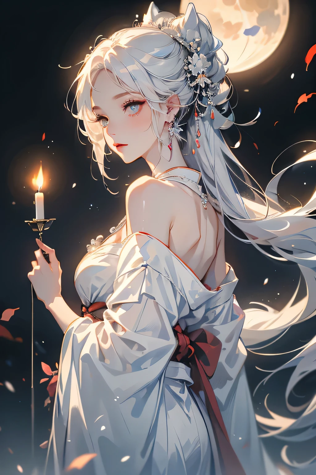 (masterpiece, highest quality:1.2), 1 girl, alone, ((Off-the-shoulder kimono、necklace)), ((night)), ((White Hair))lanthanum, Candlelight, Deep in Wonderland,The moonlight pours down like water,fog,The heroine's figure is vaguely visible,Big Breasts,Cute face,Slightly upturned corners of the mouth,Like a fairy,Clothes Fluttering,Her hair is casually tied back,A few strands of hair are swaying gently in the wind、Beautiful cleavage、(Fox Ears,Fox's Tail、Fox)(huli,Fox ear):1.5、Underwear shoulder straps