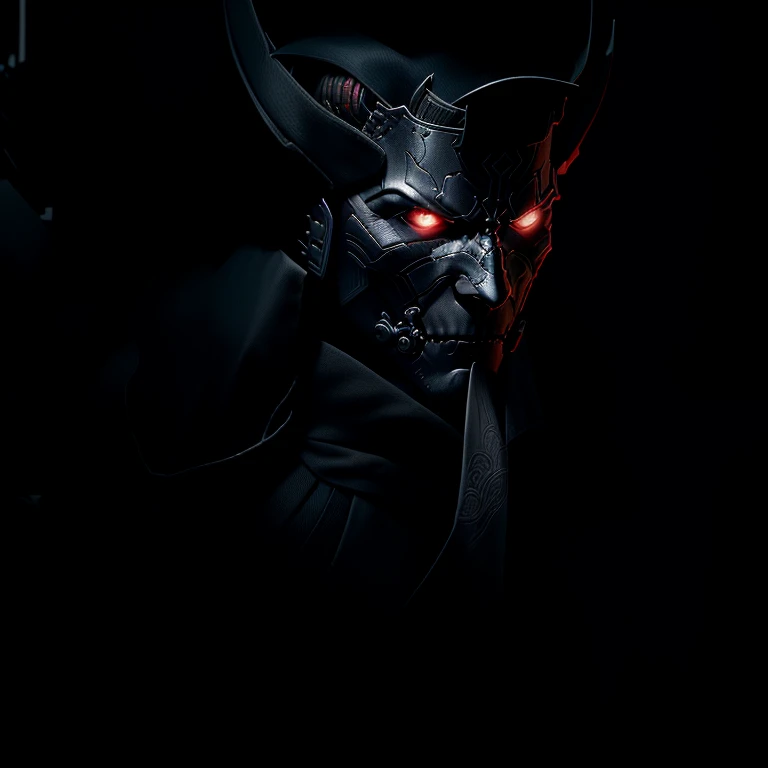 a close up of a person in a dark suit with a sword, demon samurai, jin - roh, darth maul in gears of war, style of raymond swanland, demon samurai warrior, cyborg samurai, cyborg satan, evil knight, berserk skullknight black armor, cyberpunk samurai, demon armor, benedick bana, demon knight of death