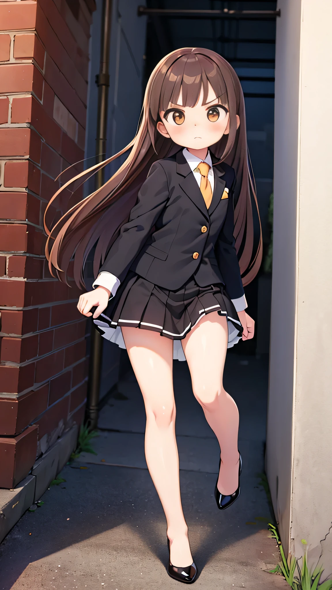 masterpiece、highest quality),Brown Hair,Hime cut,Long Hair,Bangs,girl,Back Alley,In a suit,OL,Woman with an angry face,Blushing,Slender women, A woman wearing plain black pumps,Bare feet and pumps,Open collar,Stand with your legs together,hold the skirt with both hands,From an angle