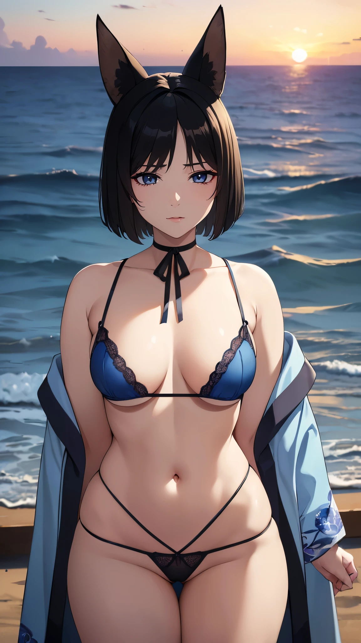 ((8k resolution))、((highest quality))、((masterpiece))、((Very detailed))((((dramatic))), (Anatomically correct)、The depth of the object to write、front、one person、 (Bellflower, short hair, Animal ears, Black Hair, Hello, blue Hello, iris, String Panties)、background:Ocean、Sunset
