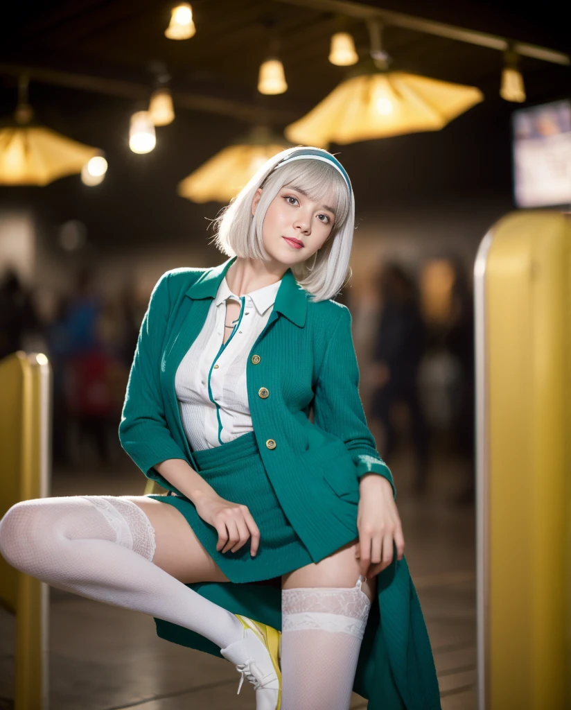 Stable diffusion prompt:
"(highest quality, 4K, Very detailed, Realistic:1.2), White Hair Girl, Blunt bangs, short hair, Round face, wearing a black hairband, (Green Eyes), And a smiling face, Medium sized breasts, Wearing a white shirt, Blue jacket, Pale yellow shoes, White Stockings, Wide々Standing in a crowded hallway. Cinema Lighting, High resolution, 16k, 8k, Fine-textured skin."