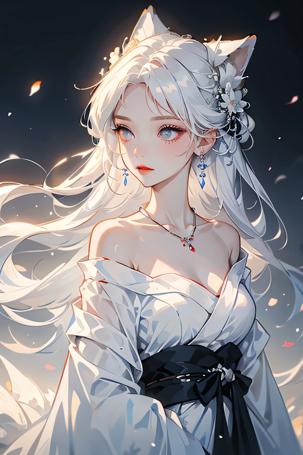 (masterpiece, highest quality:1.2), 1 girl, alone, ((Off-the-shoulder kimono、necklace)), ((night)), ((White Hair))lanthanum, Deep in Wonderland,The moonlight pours down like water,fog,The heroine's figure is vaguely visible,Big Breasts,Cute face,Slightly upturned corners of the mouth,Like a fairy,Clothes Fluttering,Her hair is casually tied back,A few strands of hair are swaying gently in the wind、Beautiful cleavage、(Fox Ears,Fox's Tail、Fox)(huli,Fox ear):1.5、Underwear shoulder straps