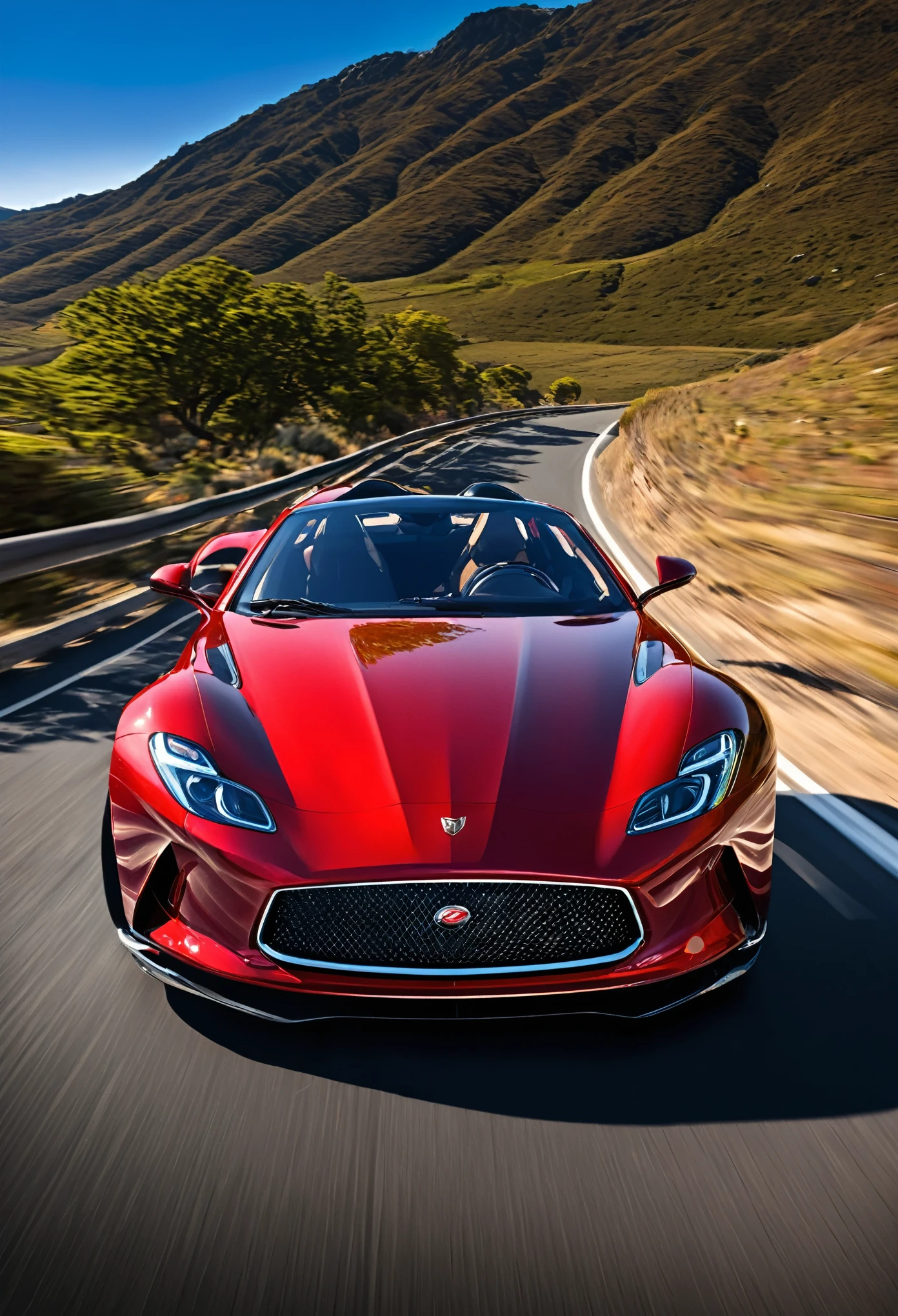 a shiny red sports car,zooming down the open road,chrome wheels spinning, sleek aerodynamic design,strong engine noise,clear blue sky,wind rushing through the open windows,high-octane adrenaline,joyful thrill of speed,scenic mountain backdrop,flawless paint finish,reflecting sunlight,mirror-like gloss,dynamic lines and curves,elegant and powerful presence,precision engineering and craftsmanship,reliable and smooth performance,powerful acceleration,futuristic technology,comfortable leather seats,pioneering driving experience,head-turning style and sophistication,exquisite attention to detail,a symbol of luxury and freedom,asphalt under the wheels,vibrant and bold,high-performance capabilities,exhilarating driving experience,impressive horsepower,powerful braking system,Conquer the open road,driving with confidence and style,equipped with cutting-edge features,dynamic and captivating,racing through the winding roads,carving a path in history,ultimate driving experience,instantly recognizable and iconic,marvel of automotive engineering