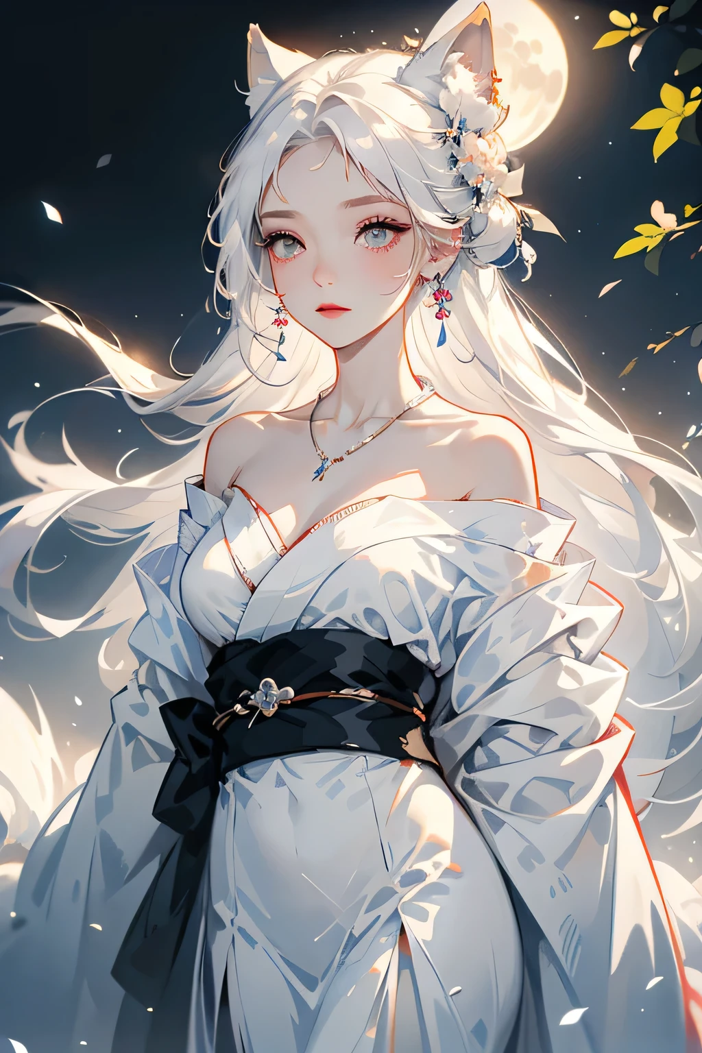 (masterpiece, highest quality:1.2), 1 girl, alone, ((Off-the-shoulder kimono、necklace)), ((night)), ((White Hair))lanthanum, Deep in Wonderland,The moonlight pours down like water,fog,The heroine's figure is vaguely visible,Big Breasts,Cute face,Slightly upturned corners of the mouth,Like a fairy,Clothes Fluttering,Her hair is casually tied back,A few strands of hair are swaying gently in the wind、Beautiful cleavage、(Fox Ears,Fox's Tail、Fox)(huli,Fox ear):1.5、Underwear shoulder straps
