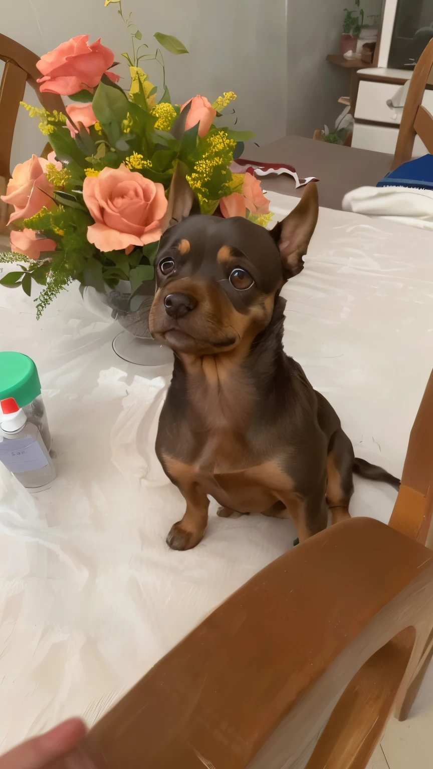 there is a cachorro pequeno sitting on a chair at a table, Russian brown toy terrier breed, parecendo muito bobo, cachorro pequeno, taken at the beginning of 2020, looking away from the camera, muito bonito, profundamente em pensamento, looking defiantly at the camera, Looking towards the camera, also very detailed, orgulhoso olhando para longe, Weenie