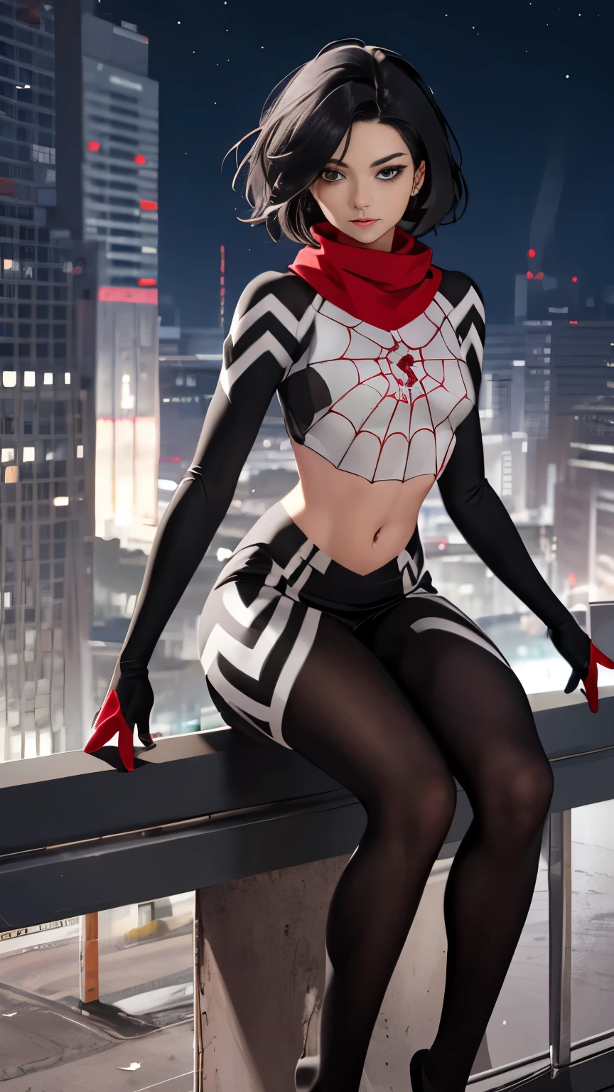 (Highly quality, masterpiece, detailed), Night city detailed scenario, night city detailed background, 20 years old girl, black hair, 1girl, CindyMoon, cindymoon, short hair, Black top, white top, black botton, white bottom, long bottom, spider web print, Crop top, Red scarf, Long Sleeves, Gloves, red finger gloves, Abdomen, Expressionless, sitting on top of a building, Navel, beautiful eyes, perfect eyes, looking at the viewer, Sexy pose